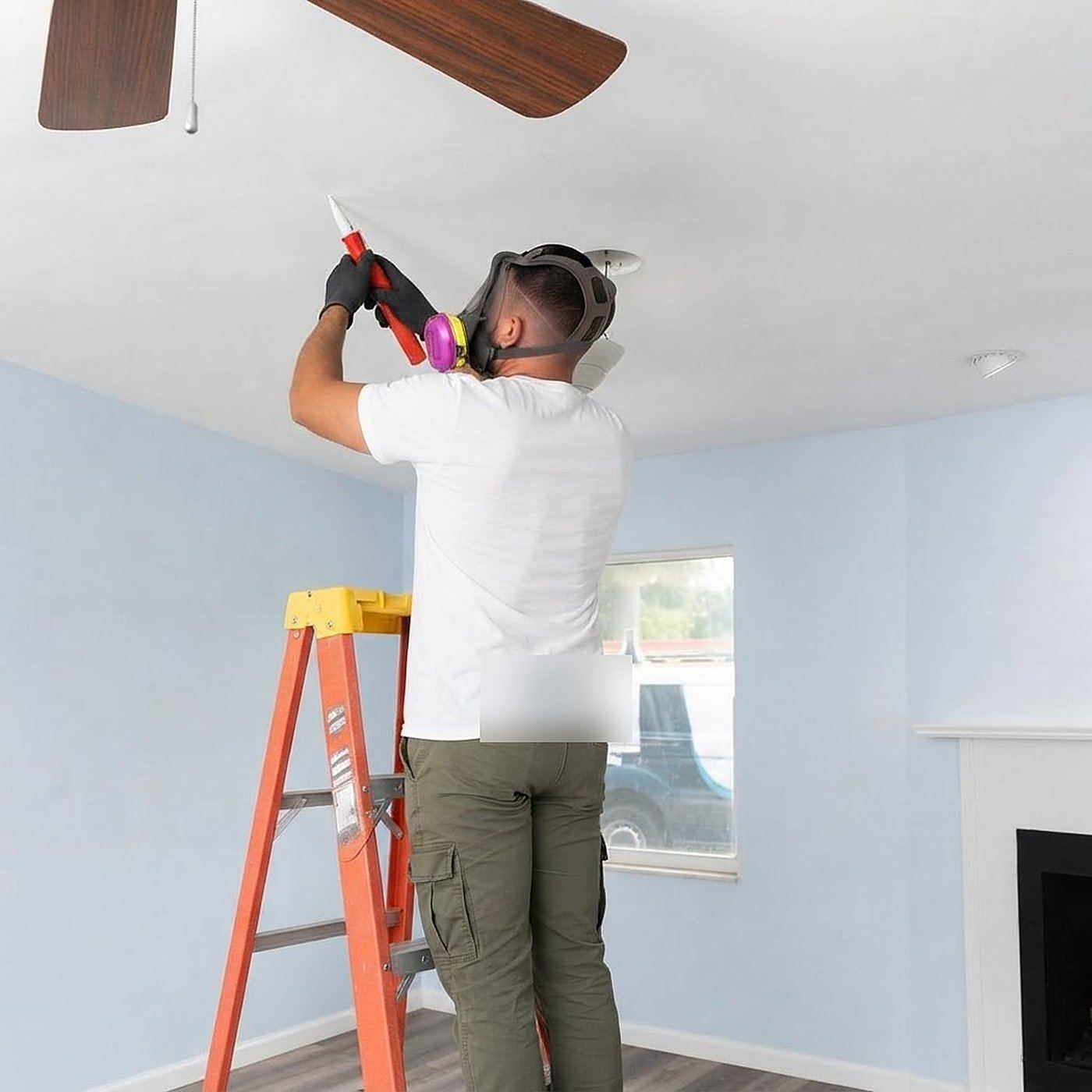Technician in a respirator and gloves repairing a ceiling from a ladder