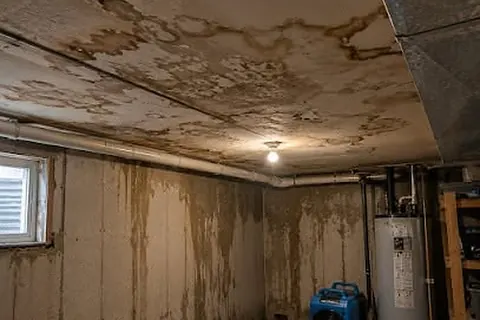 Water-stained basement ceiling and walls beside a water heater with an air mover running